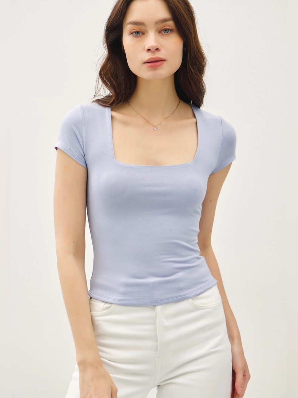 Square Neck Short Sleeve Top - Powder Blue